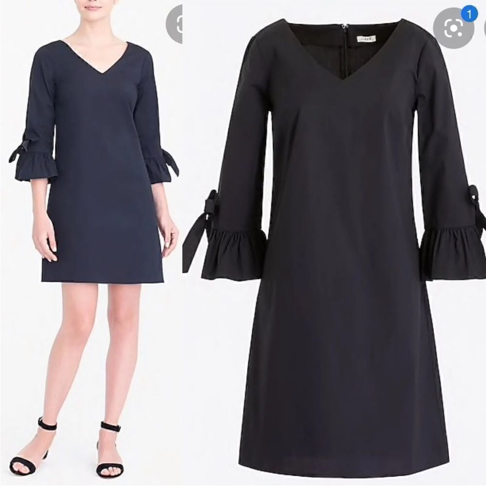 J.Crew V-Neck 3/4 Sleeve woven Ruffle Tie Bell Sleeve Mini LBD Black Shift Dress